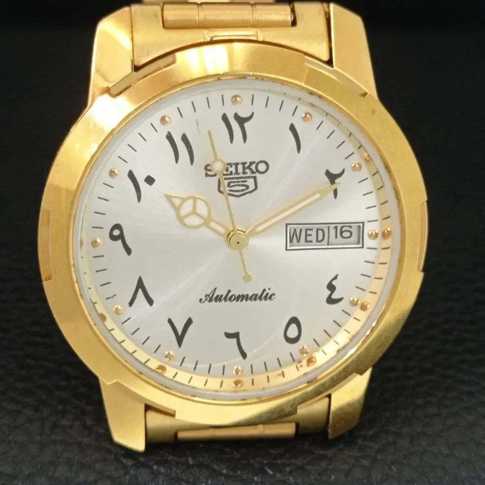 Vintage 1973 Seiko Automatic Mens Gold Watch W/daydate & Arabic accents